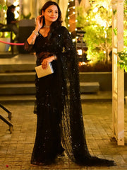 Wonderful Black Sequins Work Net Party Wear Saree With Blouse