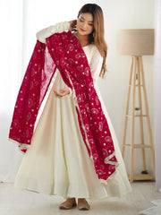 Woman in cream ethnic gown with maroon embroidered dupatta from Ethnic Plus