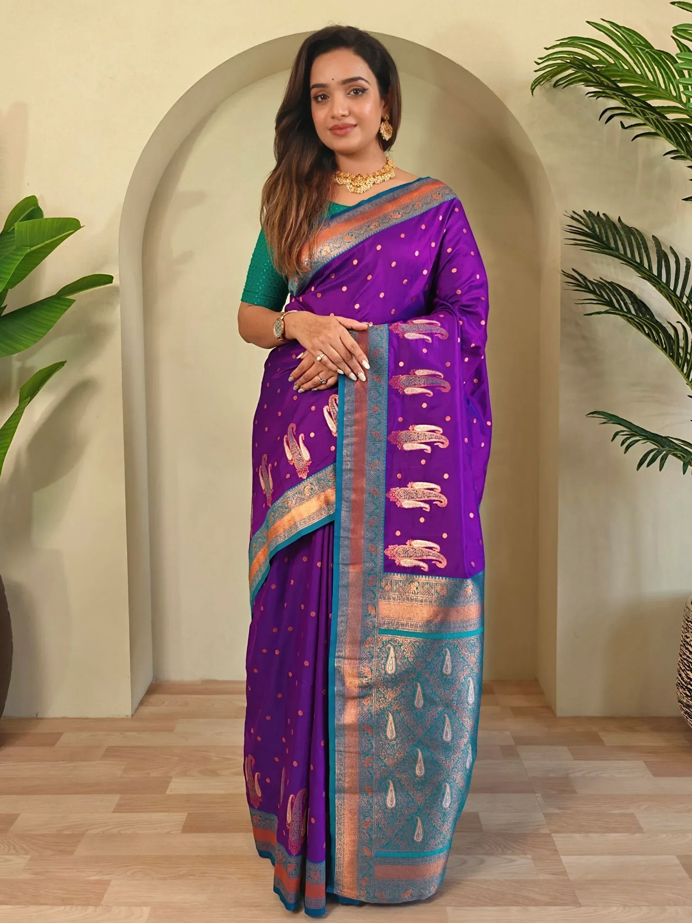 Purple paisley saree with gold border, teal blouse, Indian ethnic wear for women