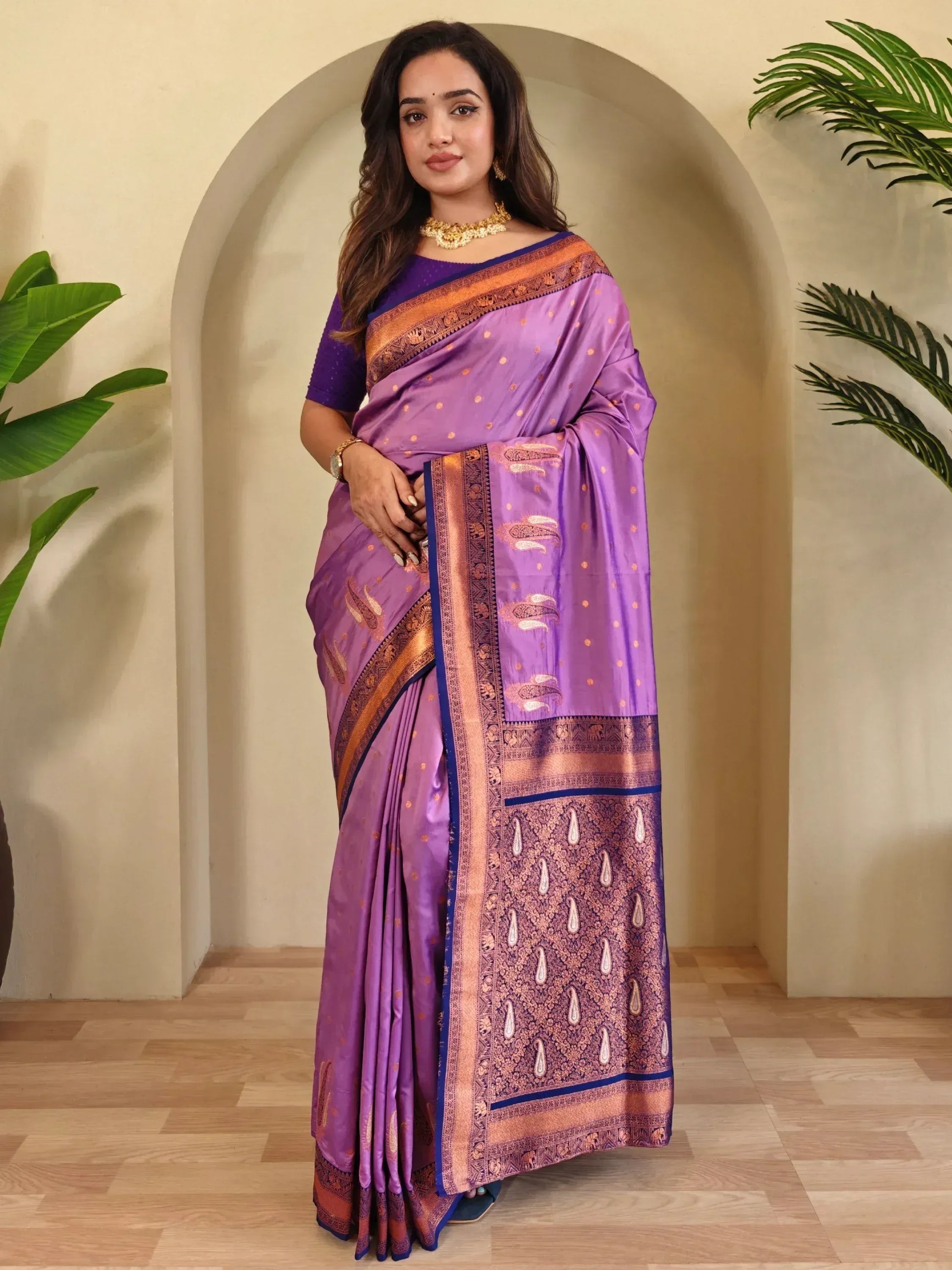 Purple silk saree with gold paisley border, Indian ethnic wear for women