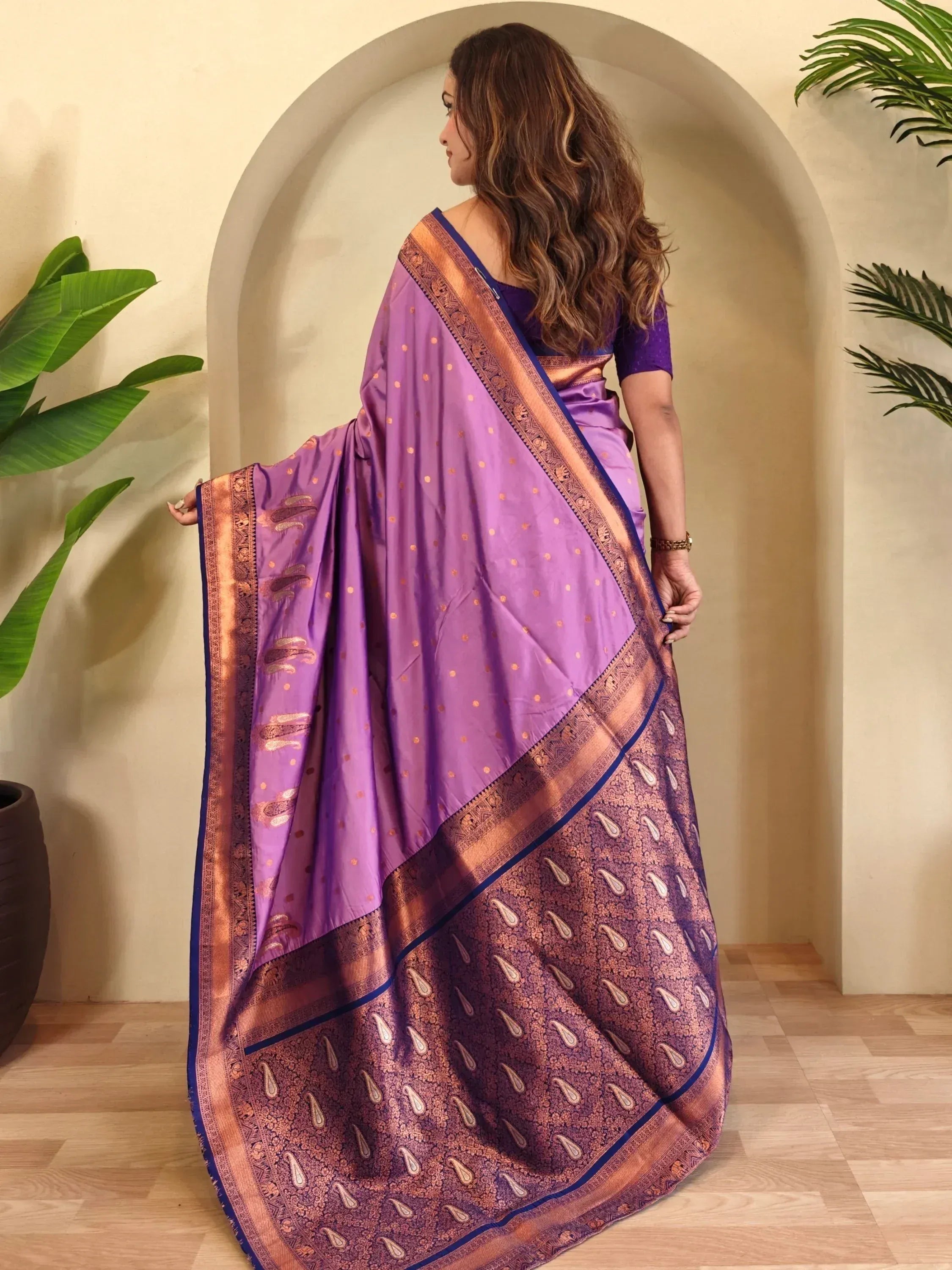 Purple designer saree with gold paisley border, ethnic wear for women, Indian silk saree with blouse