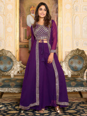 Woman in purple designer lehenga choli with mirror work, elegant ethnic wear, Ethnic Plus