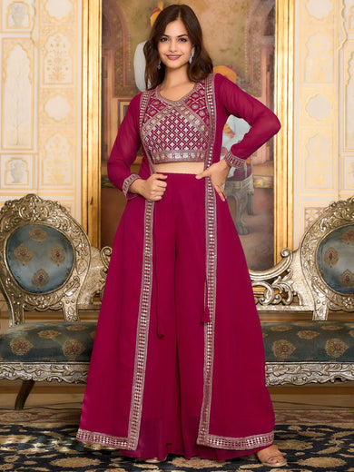 Glamorous Rani Pink Georgette Function Wear Palazzo Top With Shrug
