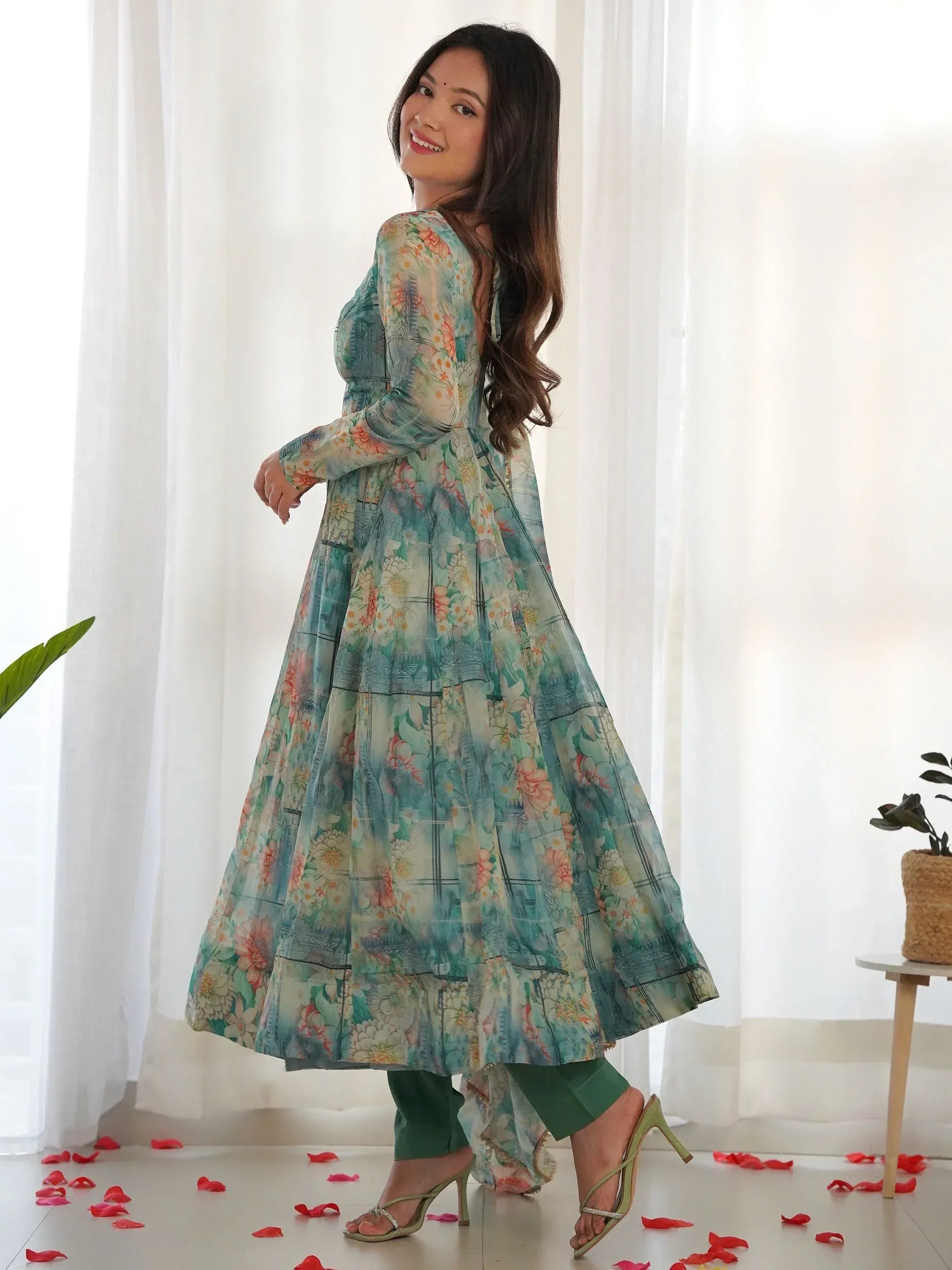 Floral print ethnic gown with green pants, perfect for Indian occasions and festive wear