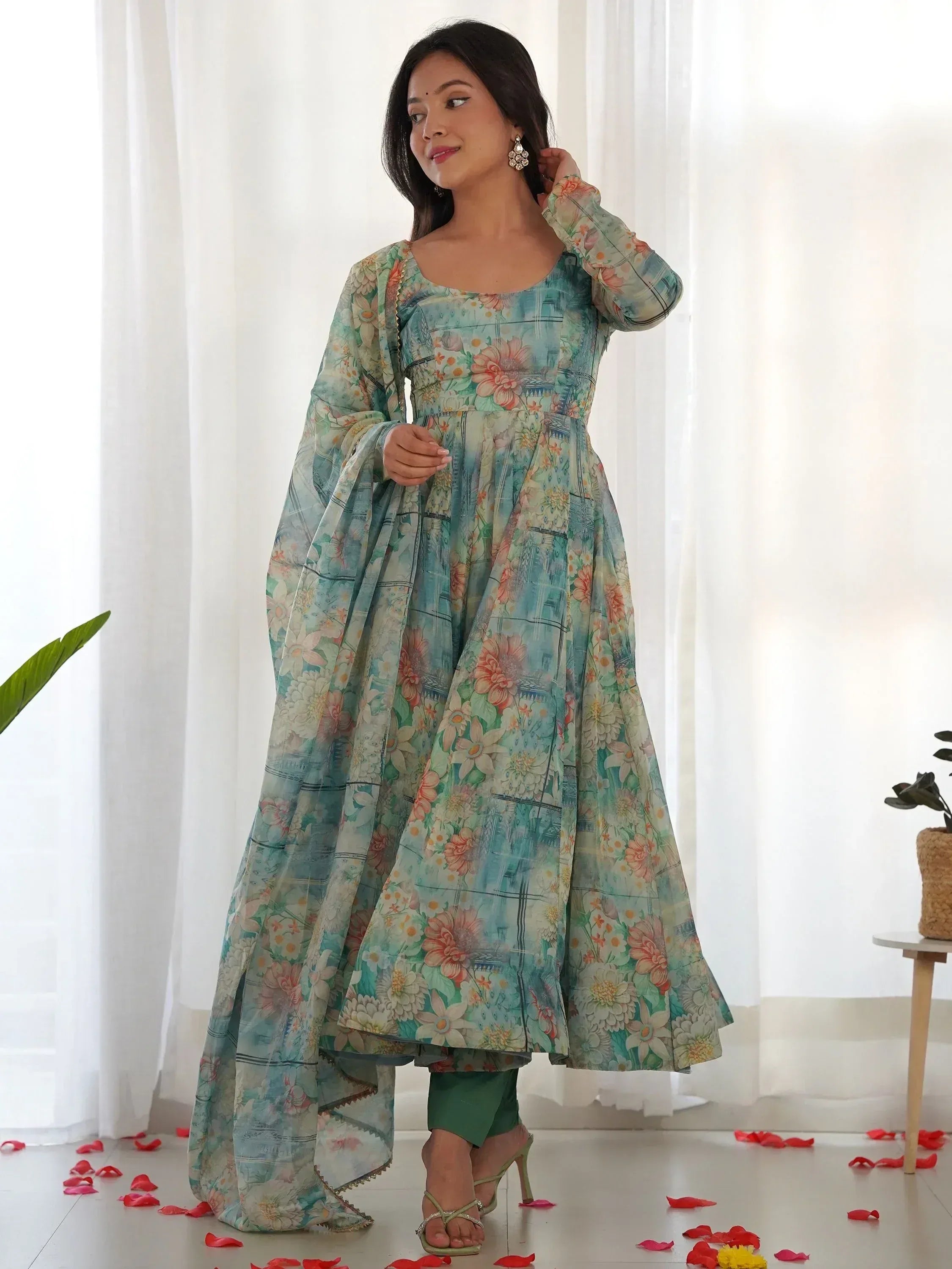 Floral print ethnic anarkali suit with dupatta, perfect for Indian occasions and festive wear