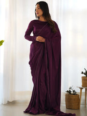 Fascinating Purple Velvet Pre-Stitched Party Wear Saree With Blouse