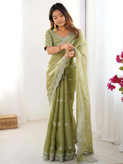 Wonderful Pista Green Thread Work Organza Party Wear Saree With Blouse