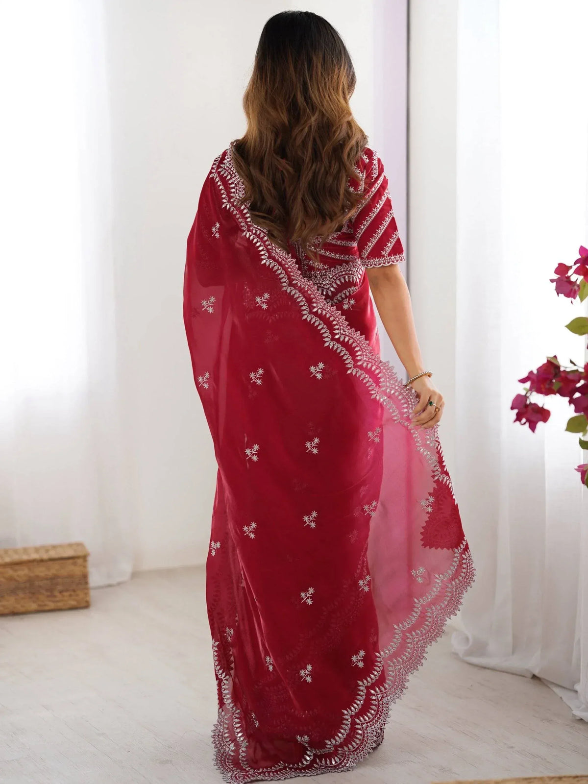 Red embroidered saree with silver detailing, Indian ethnic wear for women
