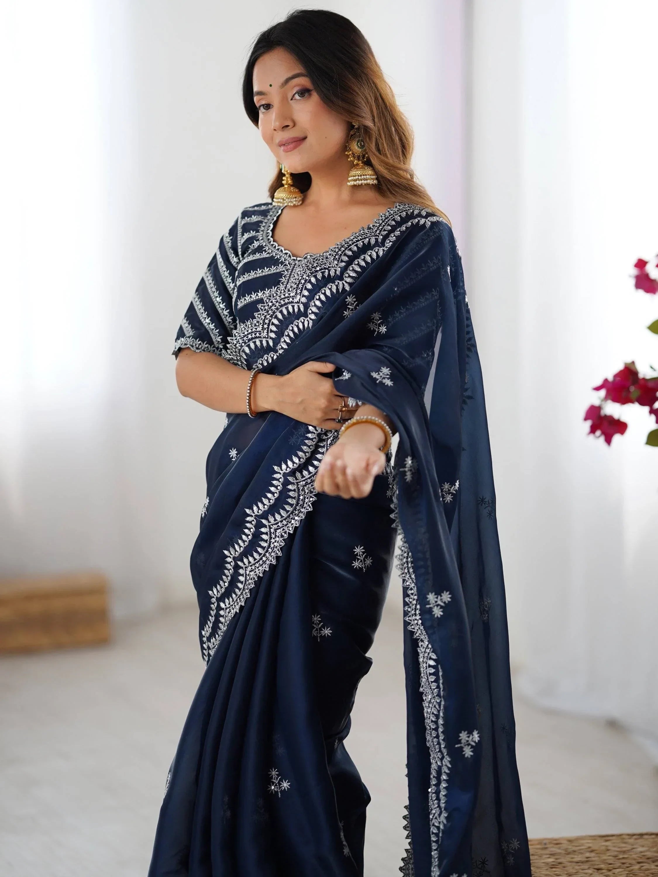 Attractive Blue Thread Embroidery Organza Event Wear Saree With Blouse