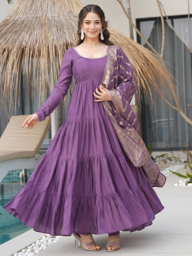 Excellent Purple Chanderi Silk Anarkali Suit With Banarasi Dupatta