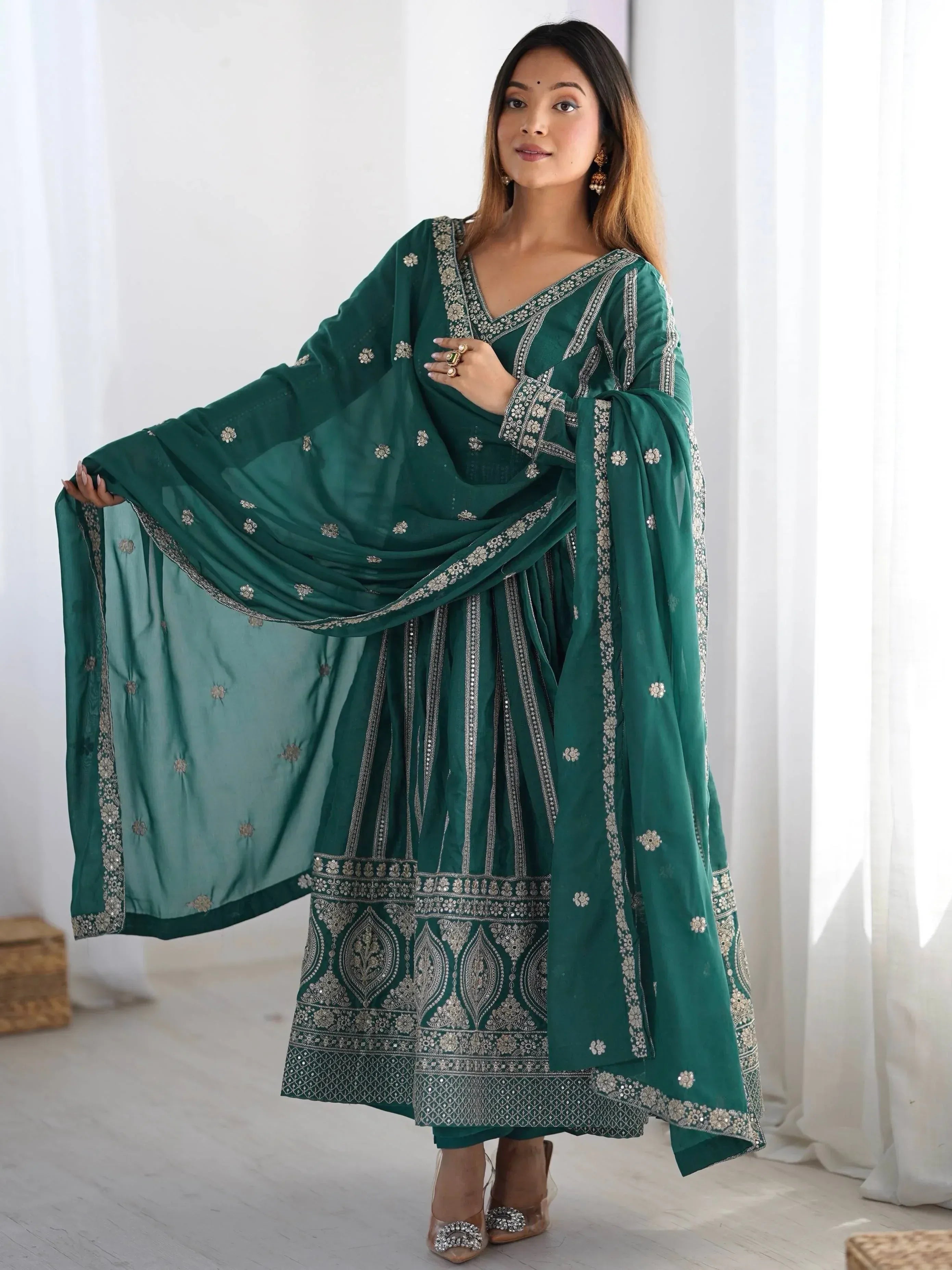Emerald green embroidered salwar kameez with dupatta, Indian ethnic wear for women