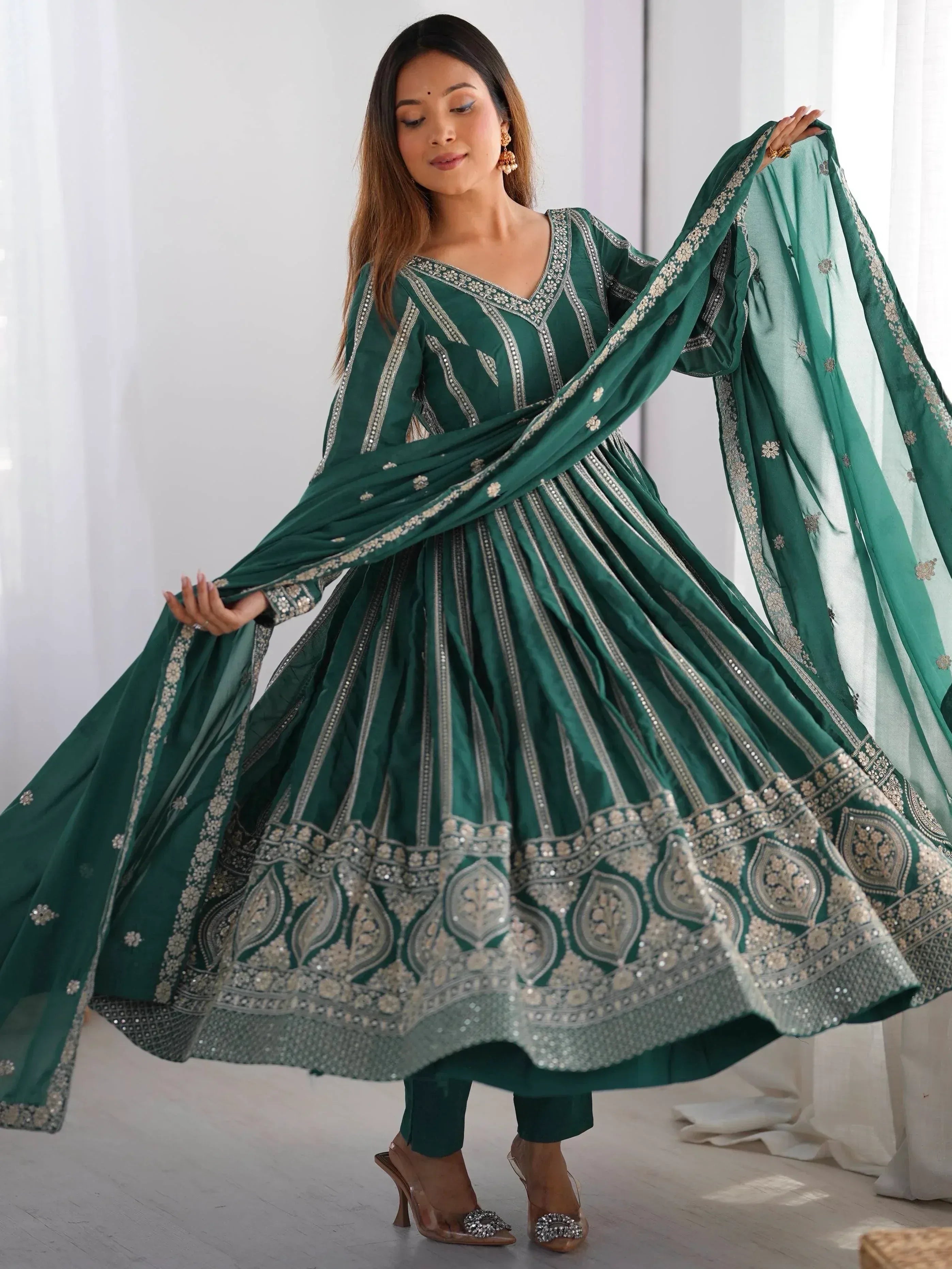 Emerald green embroidered Anarkali suit with dupatta, Indian ethnic wear for women
