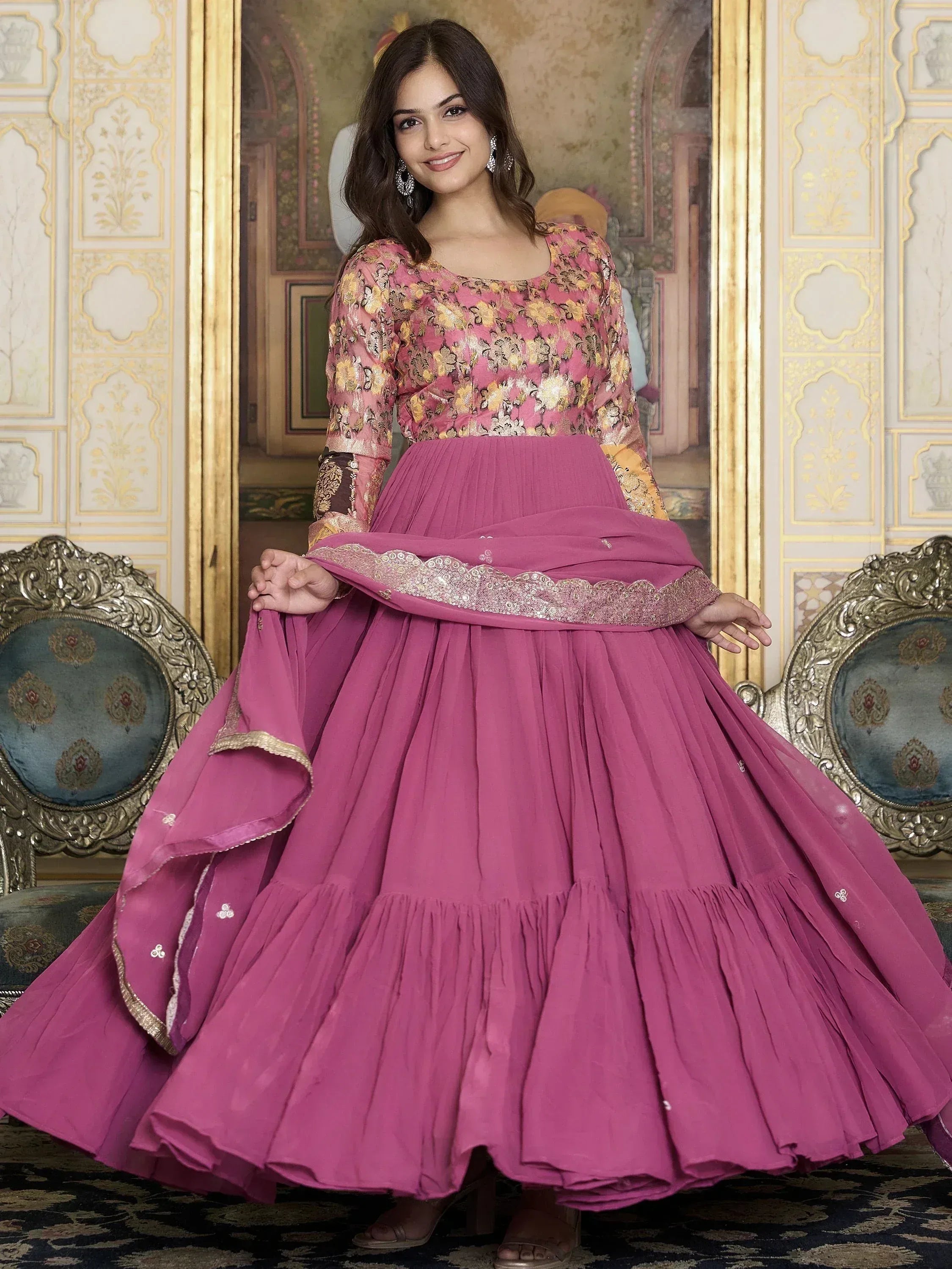 Pink floral embroidered Indian ethnic wear with pleated skirt and dupatta, perfect for festive occasions