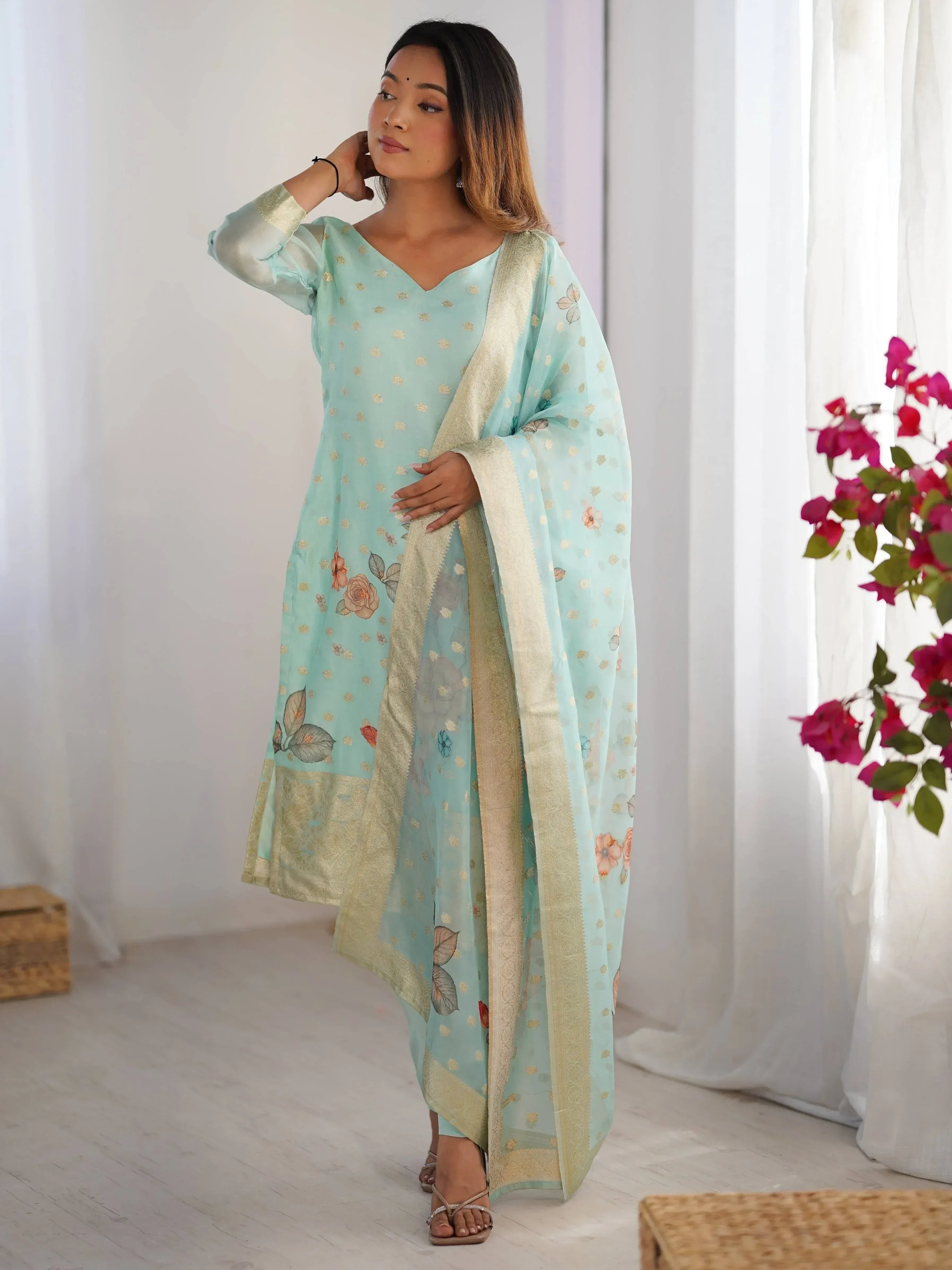 Mint green floral printed salwar kameez with gold embroidery and dupatta, ethnic Indian wear