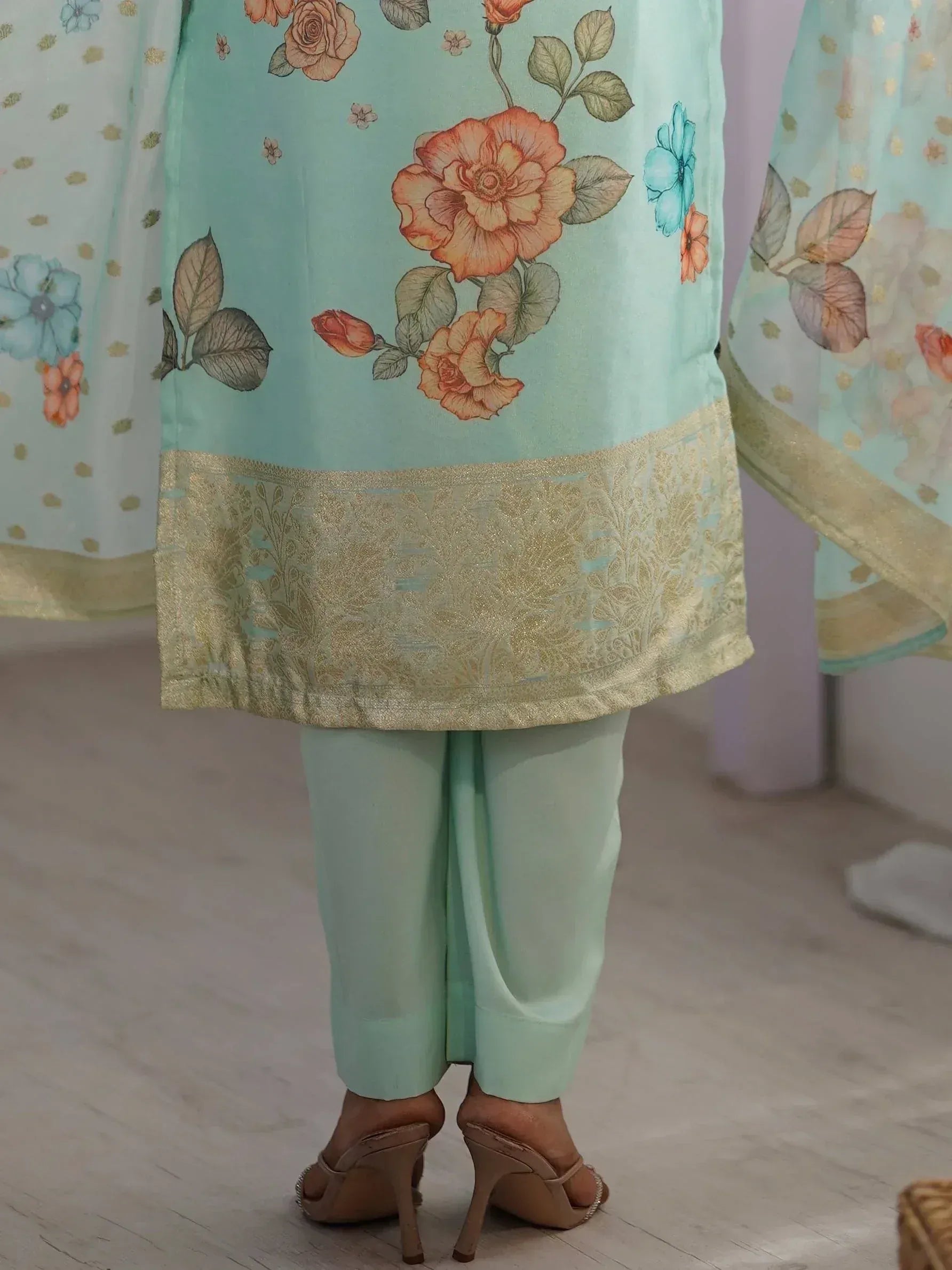 Mint green floral print salwar kameez with gold border, ethnic wear for women