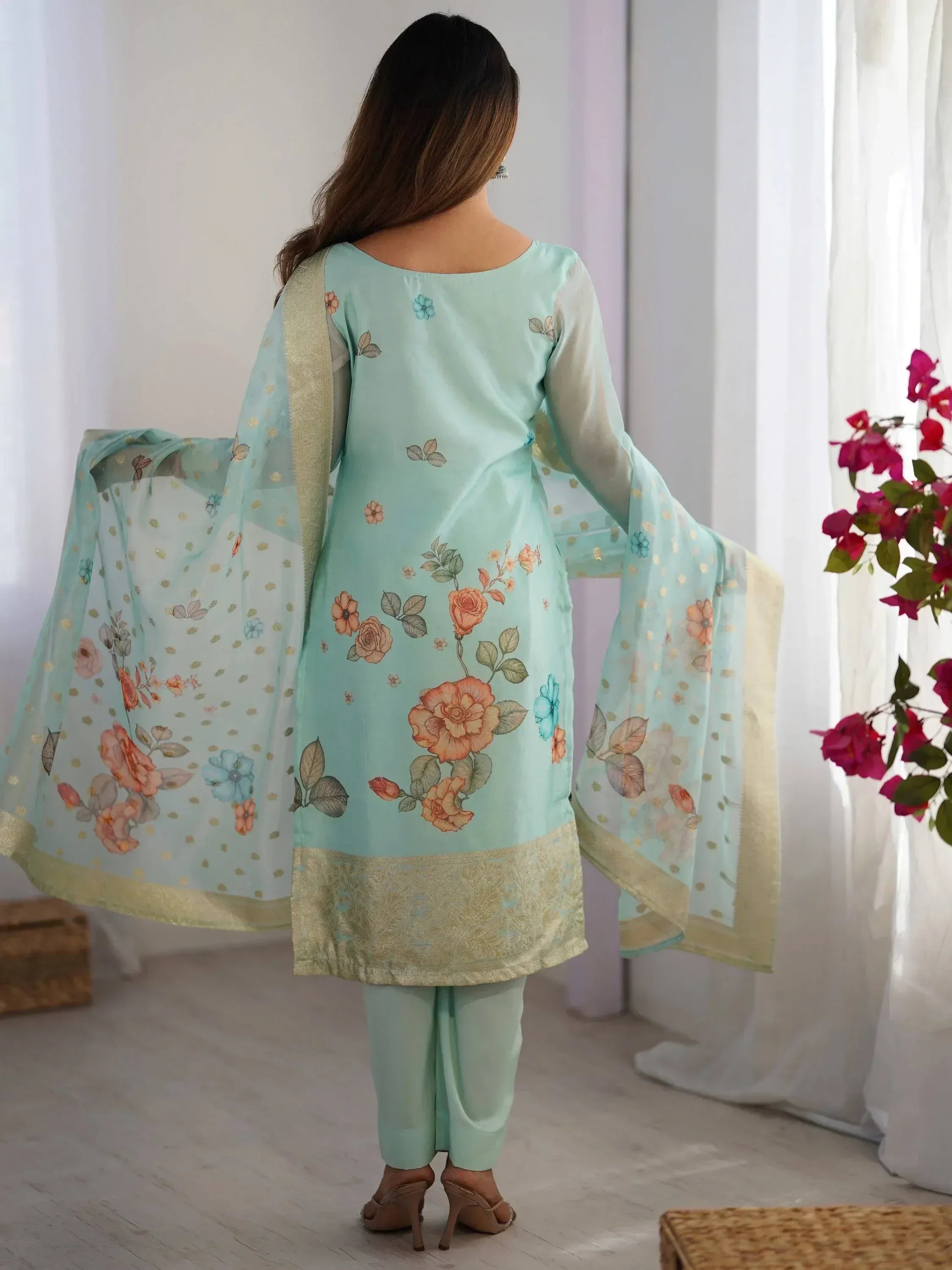Mint green floral printed salwar kameez with gold border and matching dupatta, ethnic Indian wear