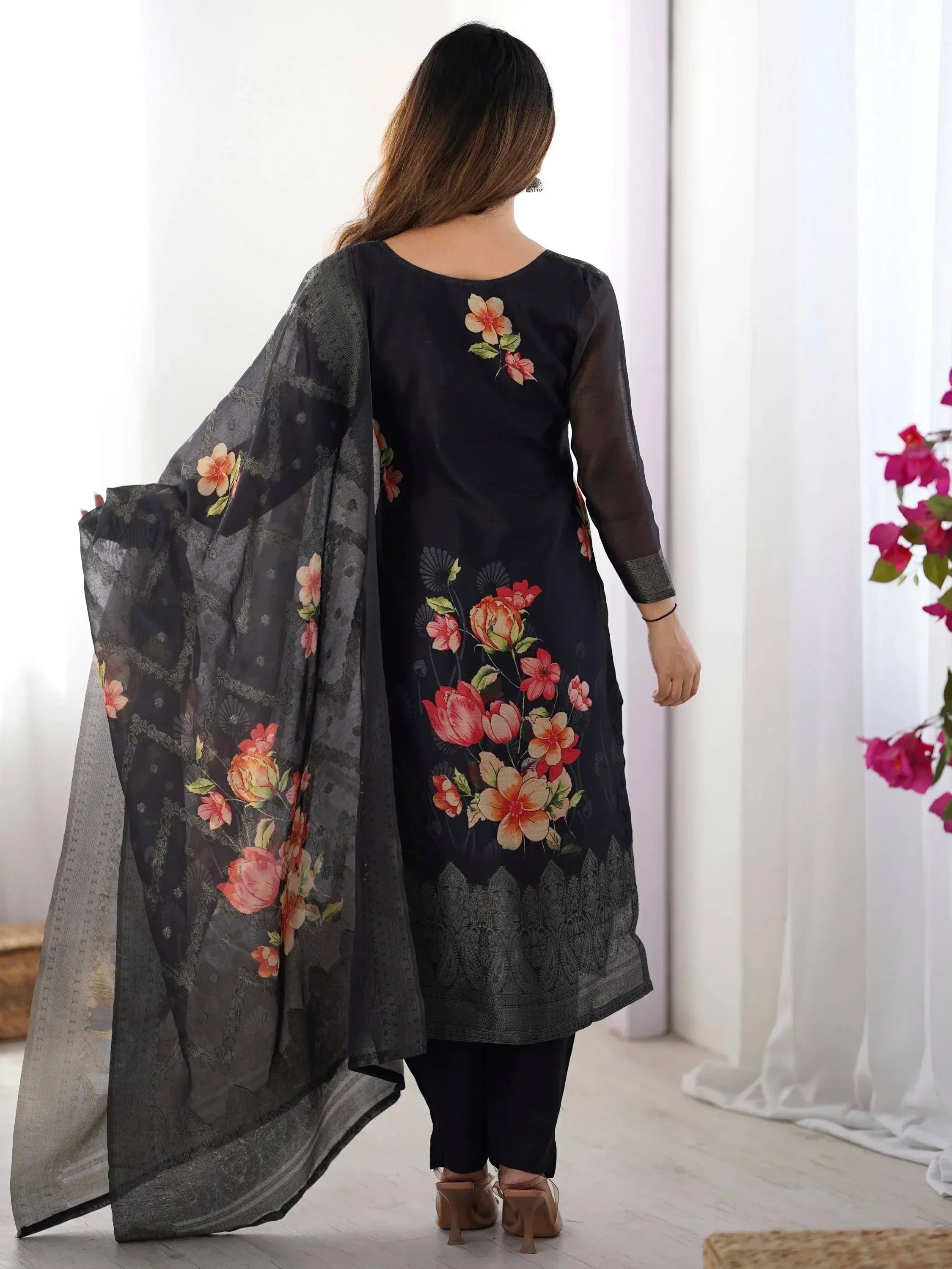Black floral print salwar kameez with sheer dupatta, ethnic Indian wear for women