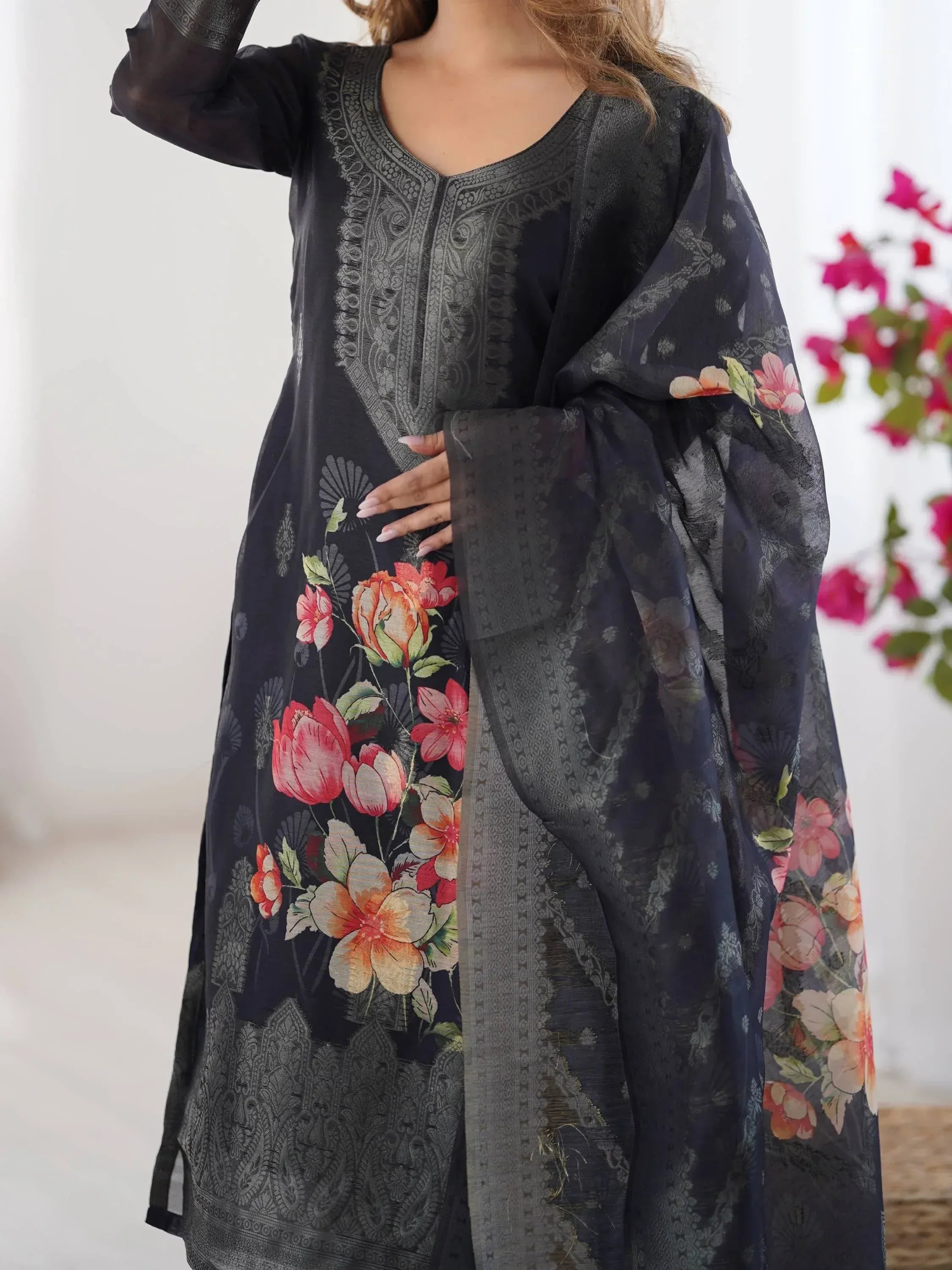 Black floral print salwar kameez with intricate embroidery, ethnic wear for women