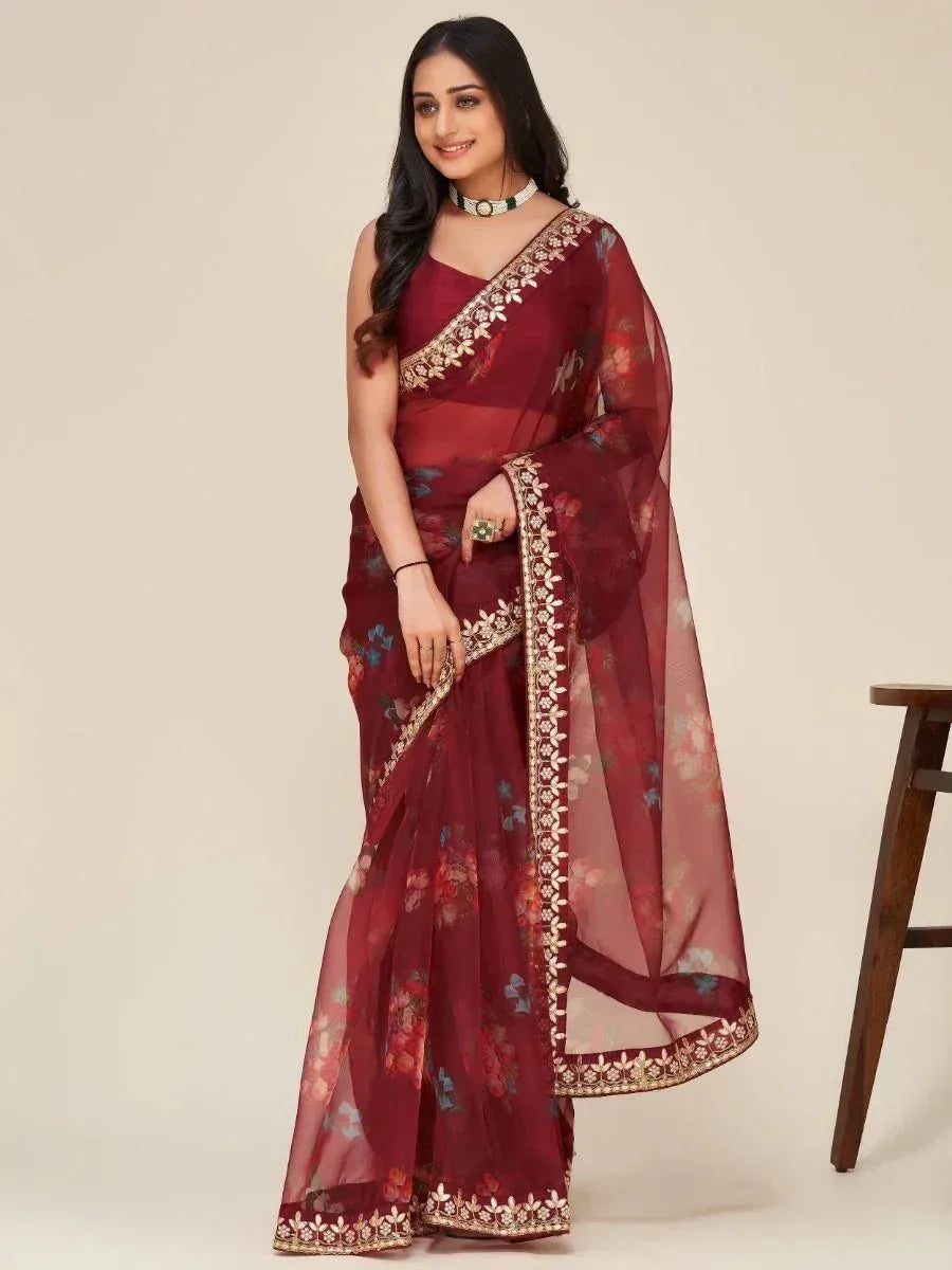 Maroon floral saree with gold embroidery, stylish ethnic wear for women