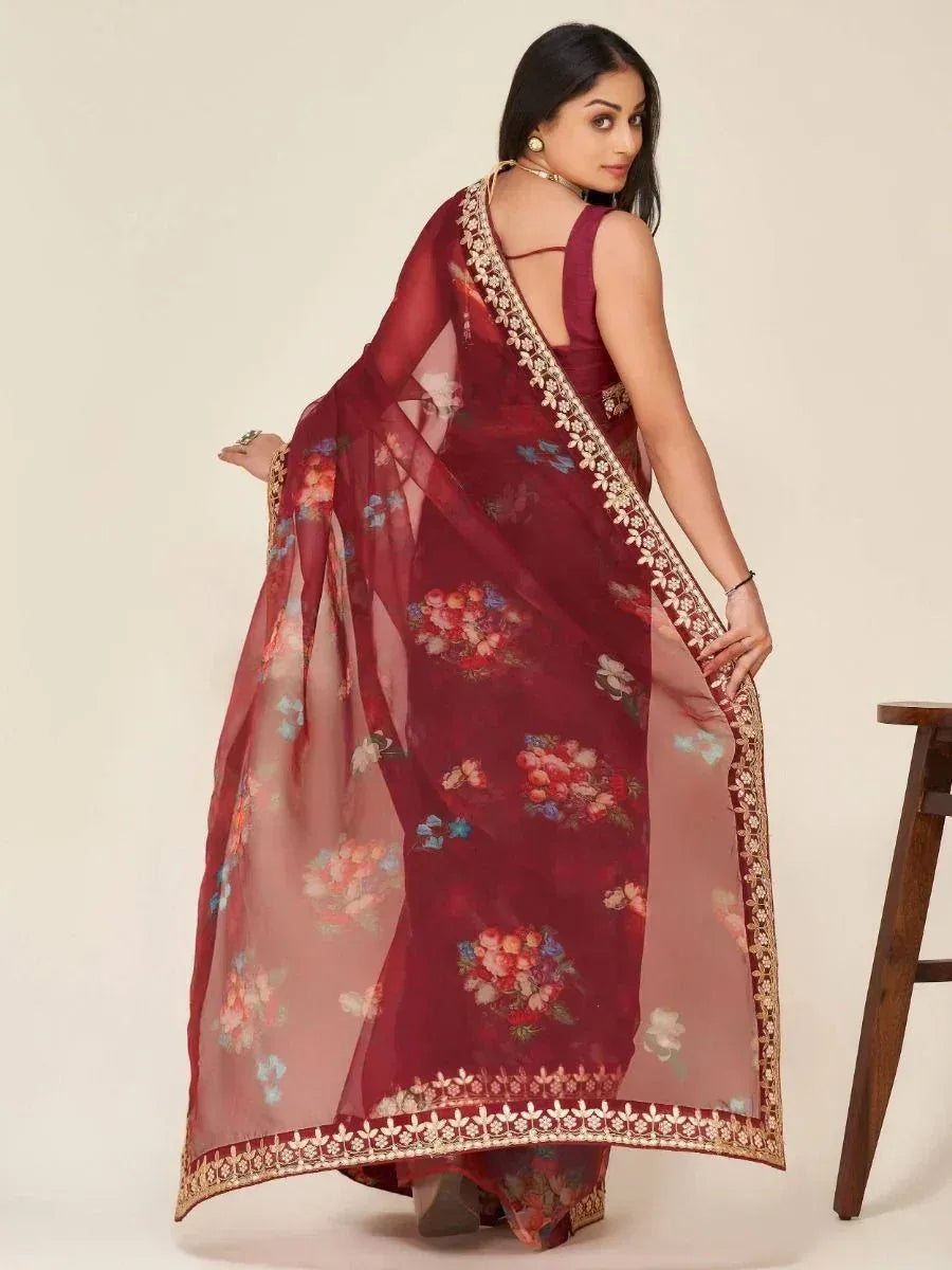 Maroon floral saree with gold border, elegant ethnic wear for women