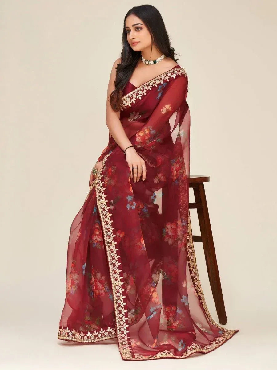 Maroon floral saree with gold embroidery, elegant Indian ethnic wear for women