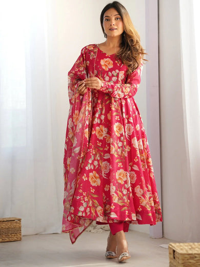 Stunning Pink Floral Printed Organza Festive Wear Anarkali Suit