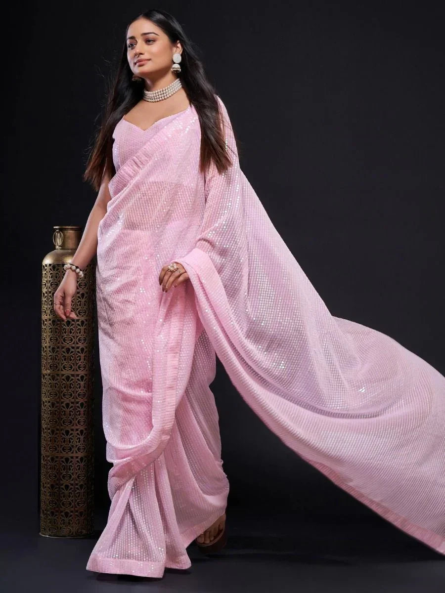 Outstanding Baby Pink Fully Sequined Georgette Party Wear Saree