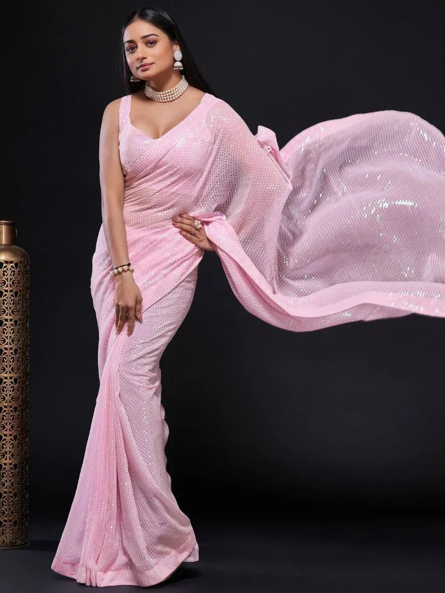 Outstanding Baby Pink Fully Sequined Georgette Party Wear Saree