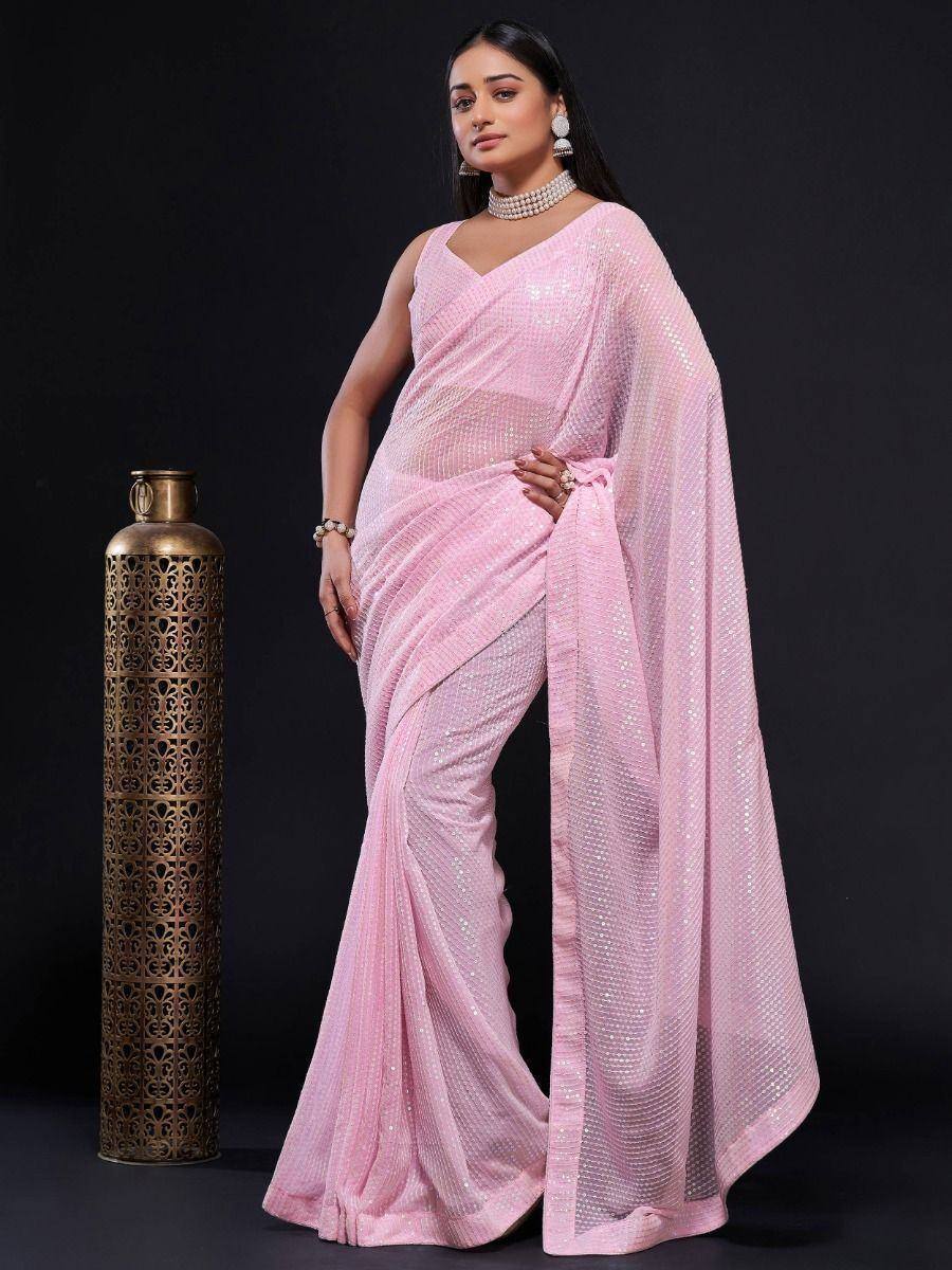 Pink sequin saree with V-neck blouse, elegant ethnic wear for women