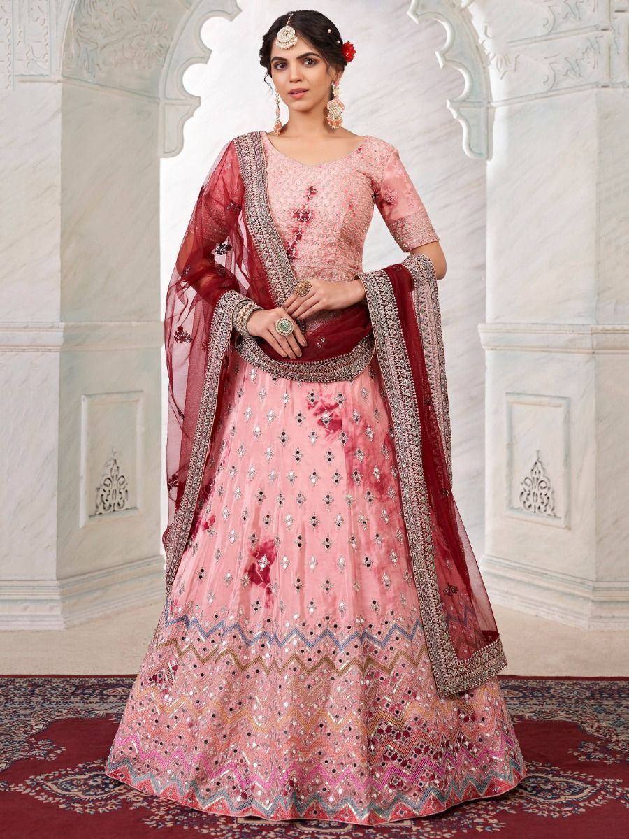 Pink embroidered lehenga choli with maroon dupatta, Indian ethnic wear for weddings and festivals