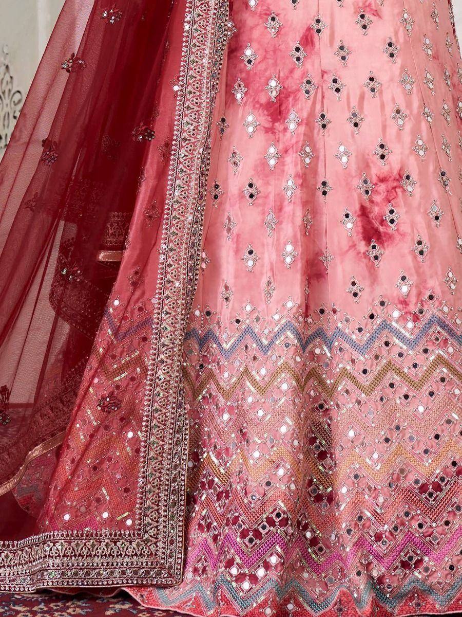 Pink designer lehenga with mirror work and maroon dupatta, ethnic Indian wear