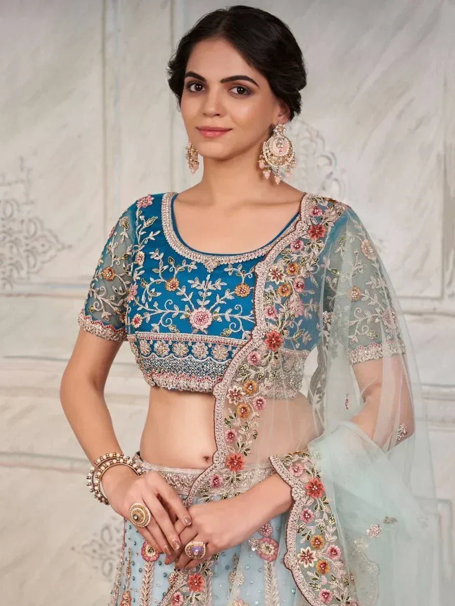 Blue floral embroidered lehenga choli with sheer dupatta, Indian ethnic wear for women