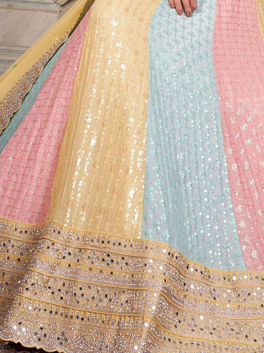Pastel multi-color lehenga with sequin embroidery and mirror work, perfect for Indian ethnic wear occasions.