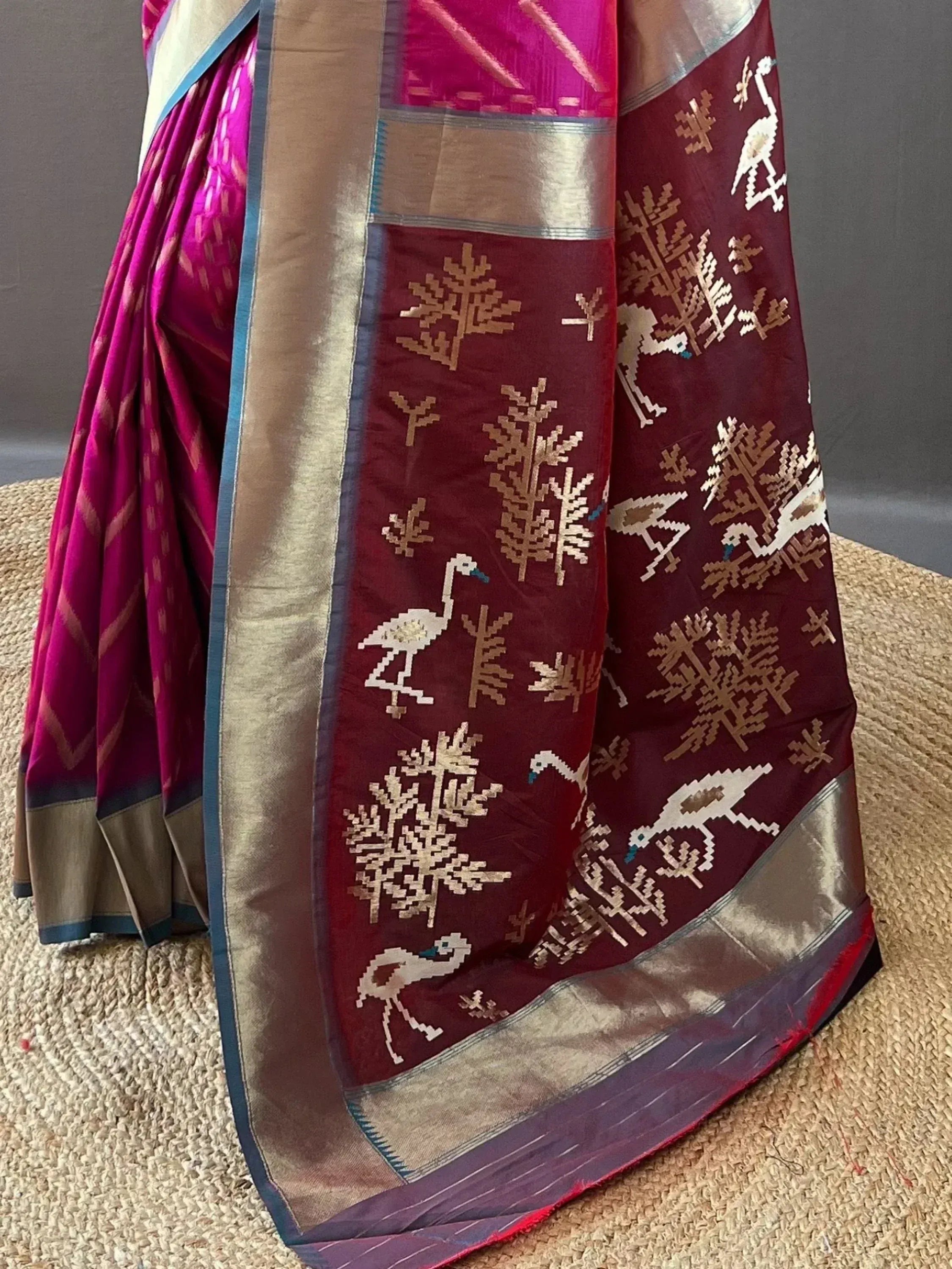 Pink and maroon silk saree with bird and tree motifs, ethnic Indian wear