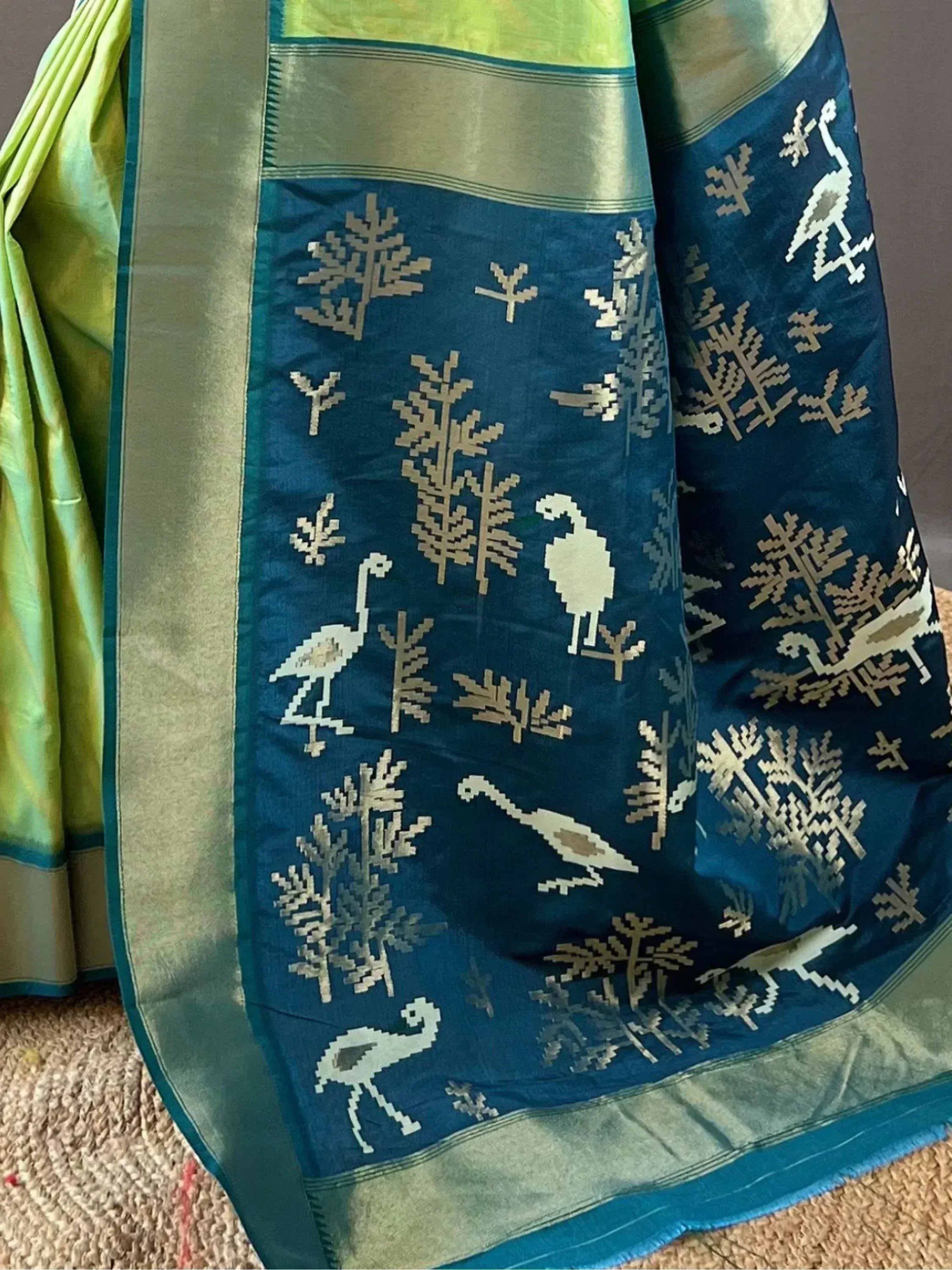 Blue and green saree with bird and tree motifs, ethnic Indian wear