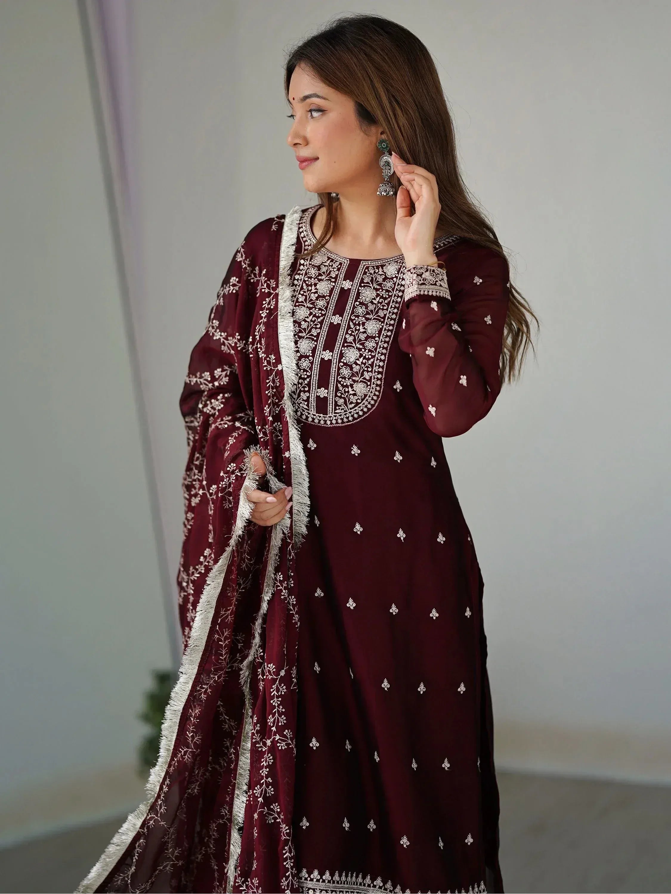 Maroon embroidered salwar kameez with white floral work and matching dupatta, ideal for Indian ethnic wear