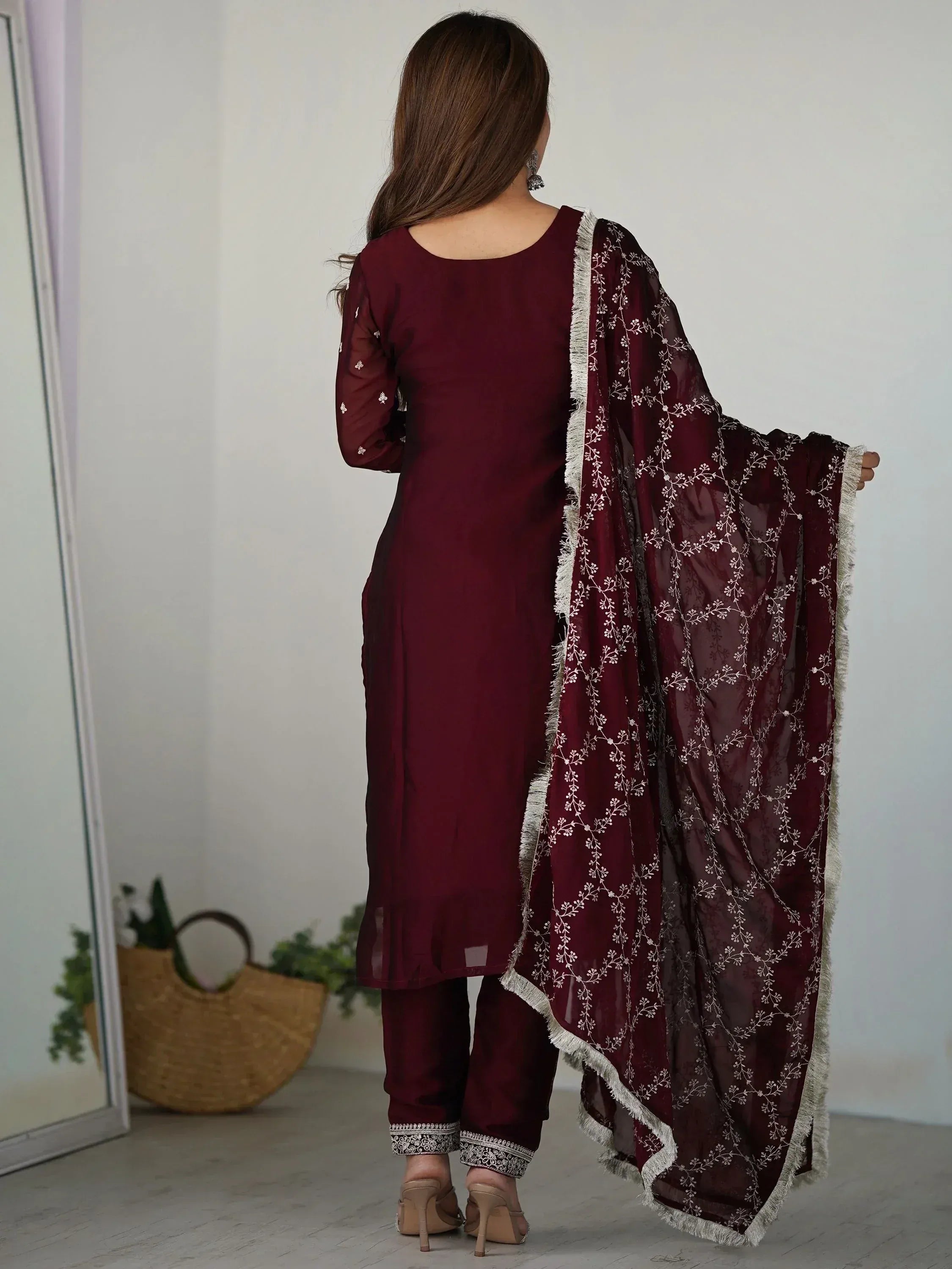 Maroon ethnic salwar kameez with embroidered dupatta, stylish Indian wear for women