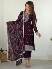 Amazing Purple Thread Work Silk Function Wear Pant Suit With Dupatta