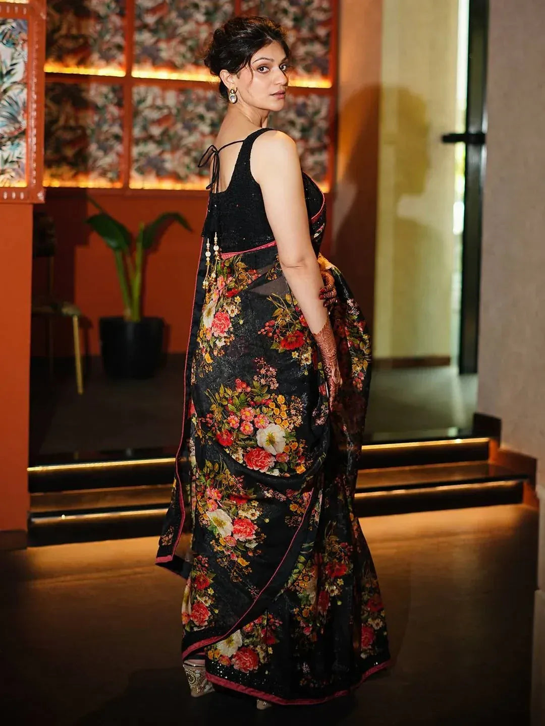 Black floral saree with sequin blouse, Indian ethnic wear for women