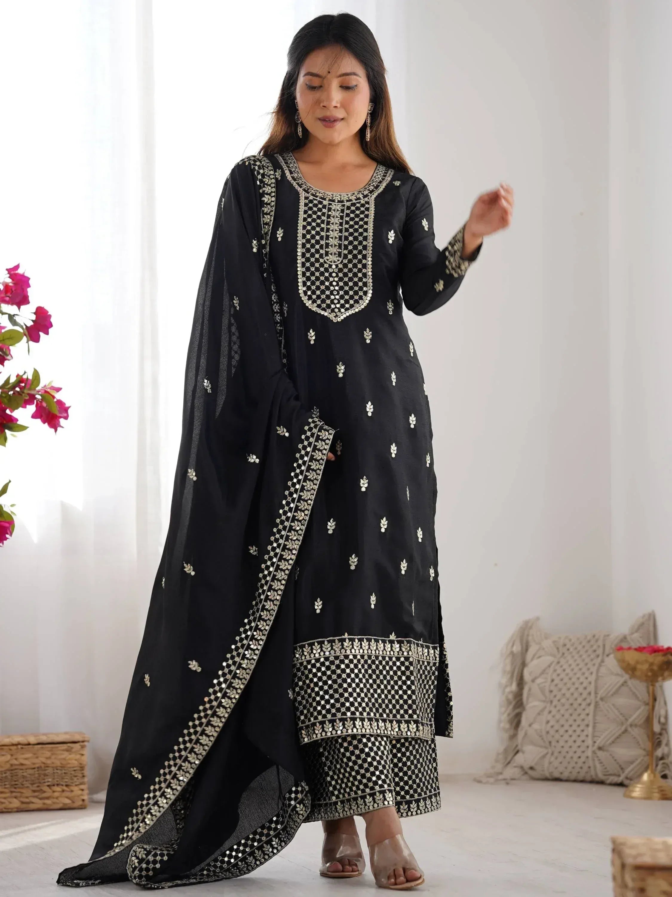 Black embroidered salwar kameez with mirror work and dupatta, Indian ethnic wear for women