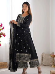 Impressive Black Sequins Chinon Silk Festive Wear Palazzo Suit With Dupatta