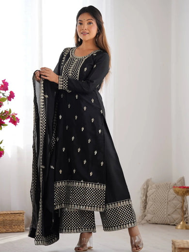 Impressive Black Sequins Chinon Silk Festive Wear Palazzo Suit With Dupatta