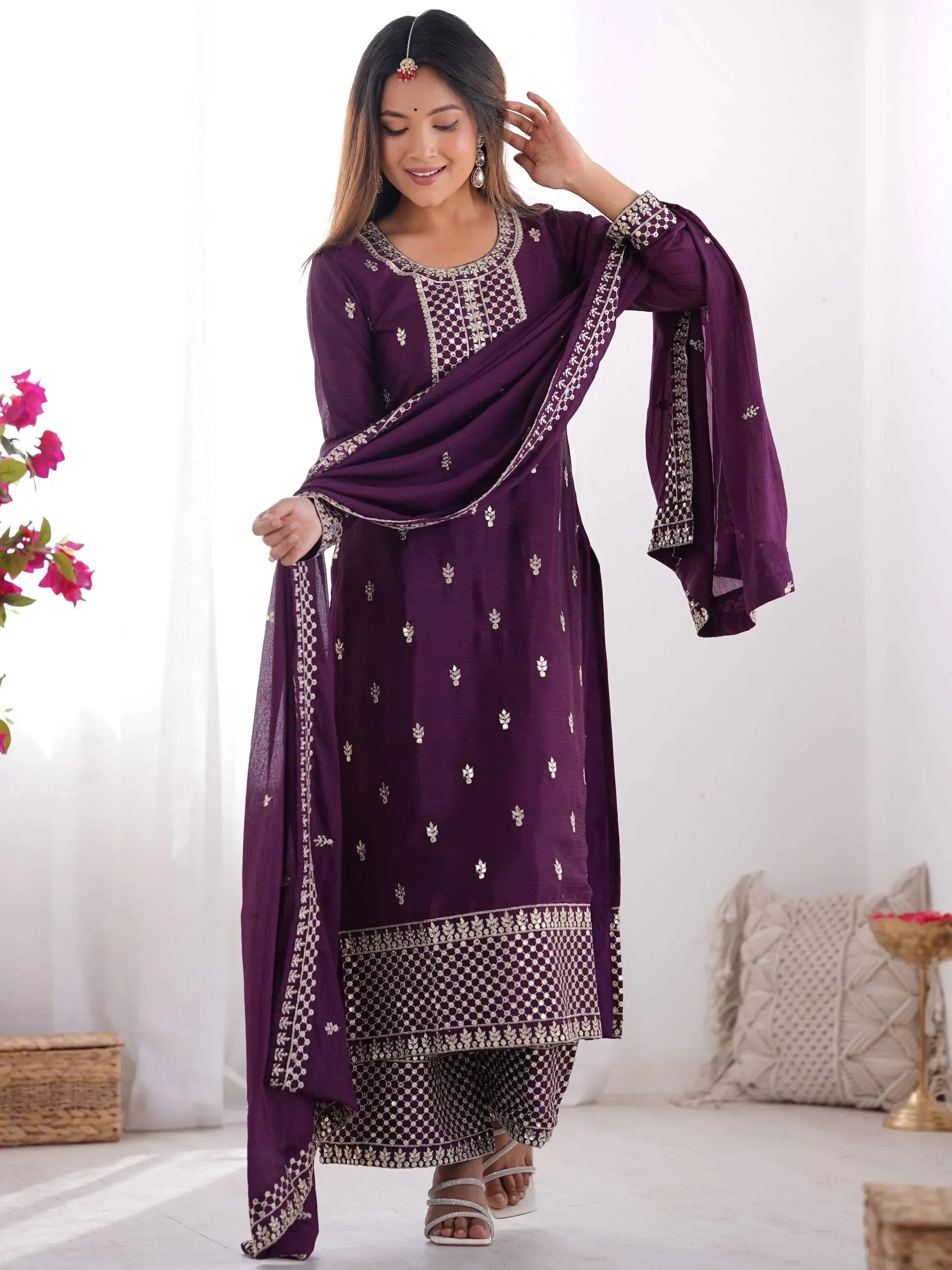 Purple embroidered salwar kameez with matching dupatta, Indian ethnic wear for women