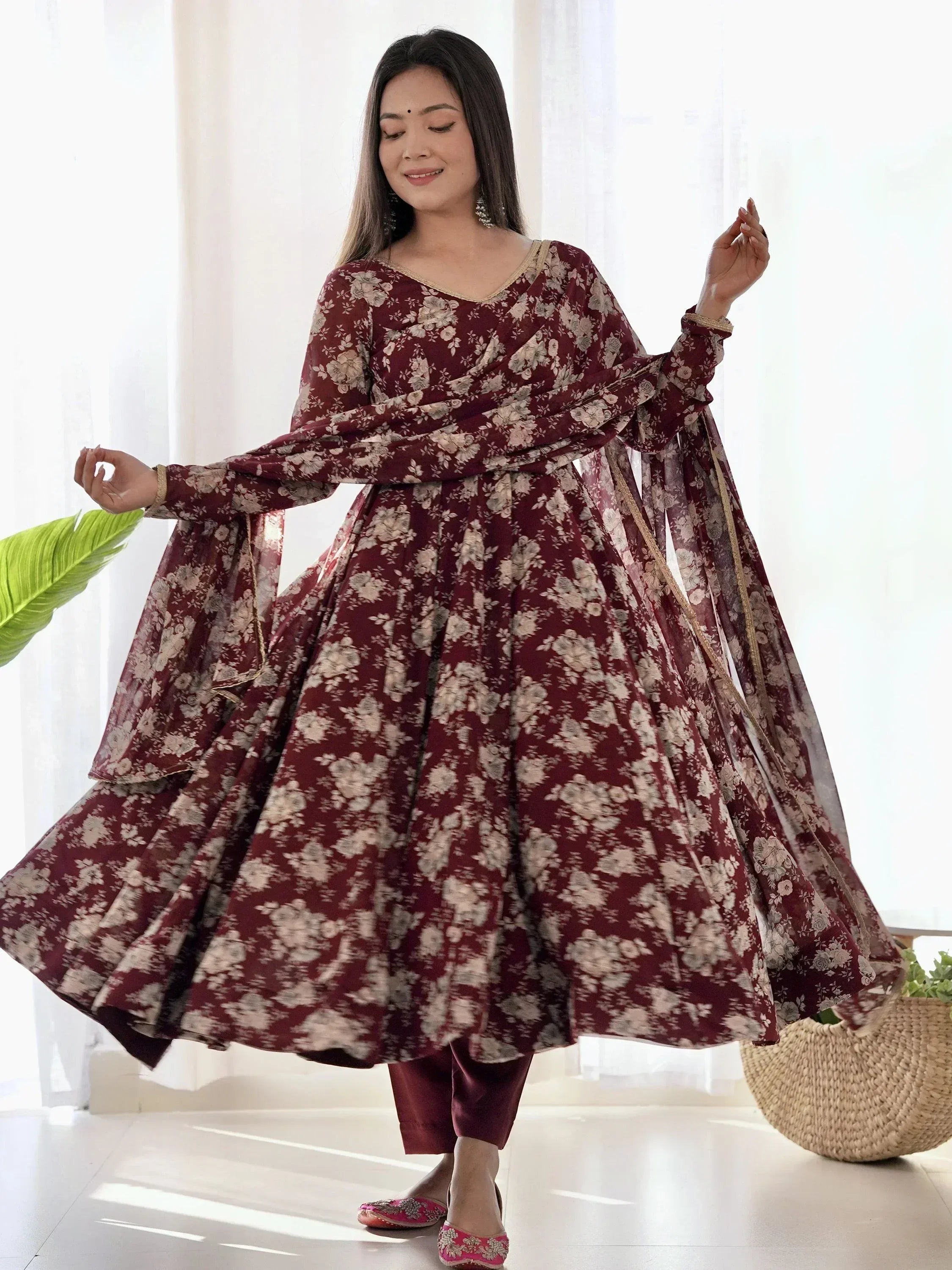 Maroon floral print anarkali suit with gold trim, perfect for Indian ethnic wear occasions