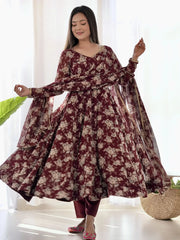 Beautiful Maroon Floral Printed Georgette Anarkali Suit With Dupatta