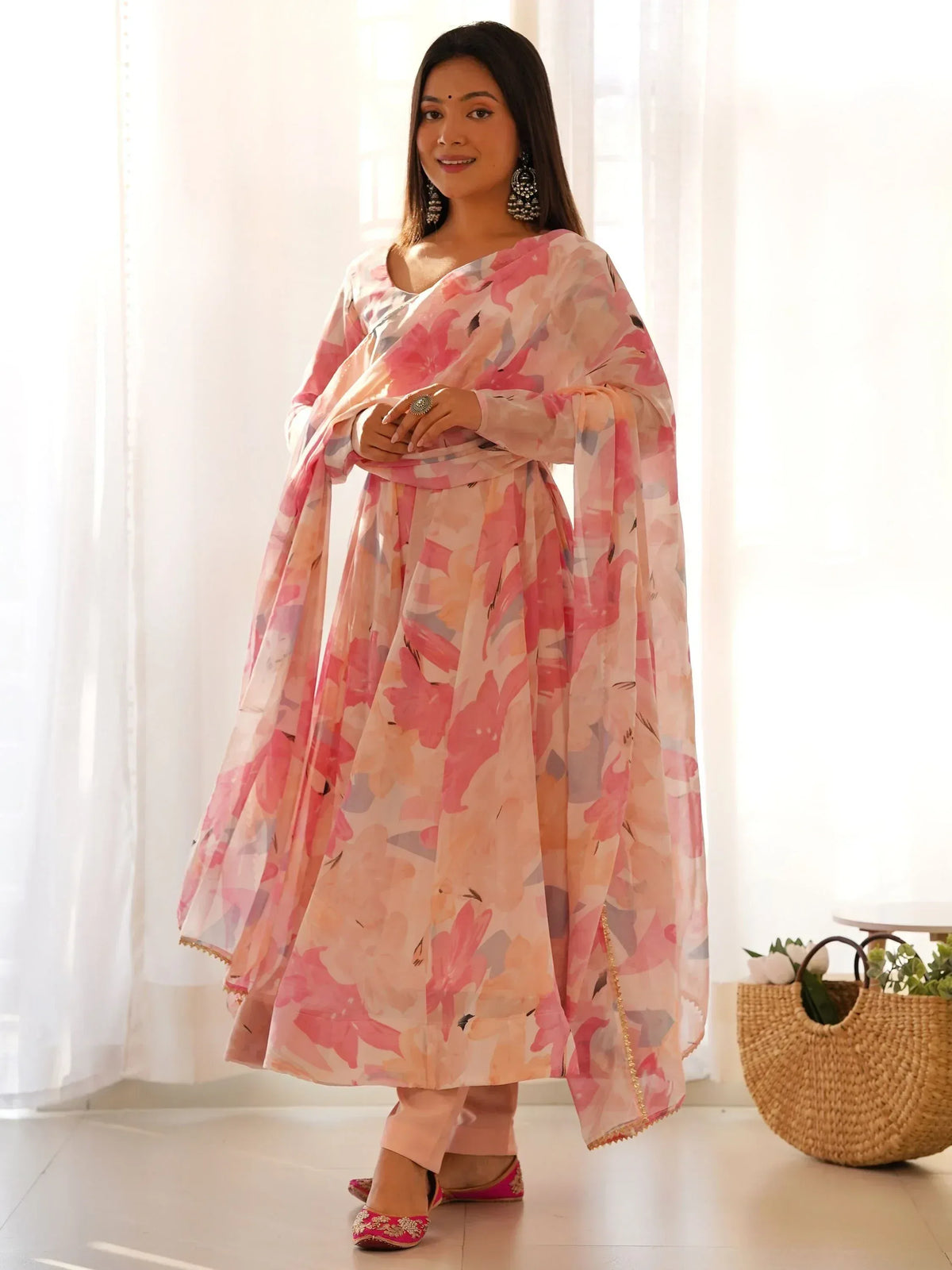 Pink floral printed salwar kameez with matching dupatta, ideal for Indian ethnic wear occasions