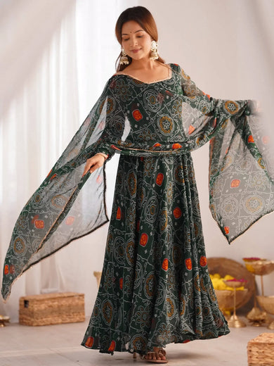 Wonderful Green Bandhej Printed Georgette Casual Wear Anarkali Suit