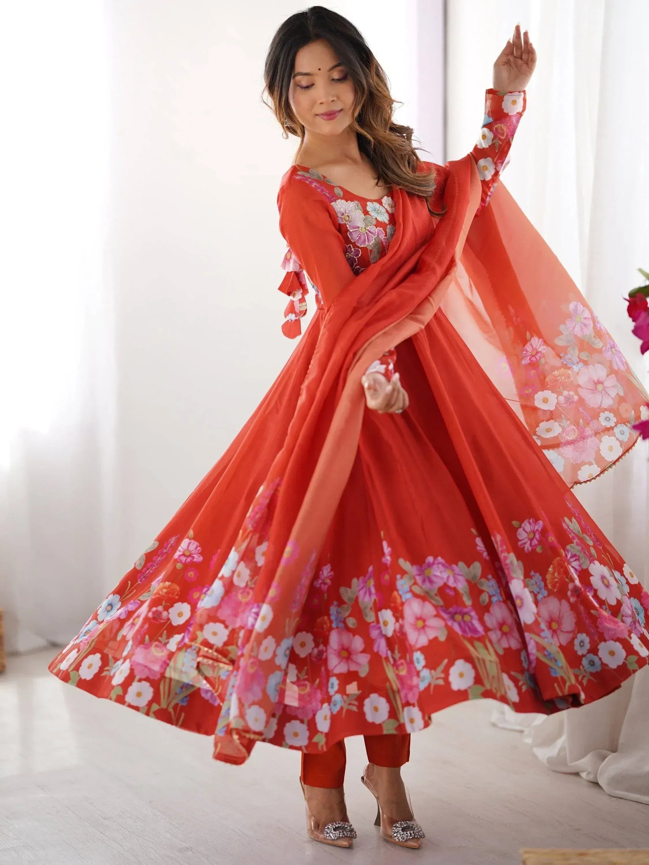Orange floral printed anarkali suit with matching dupatta, perfect for Indian ethnic occasions