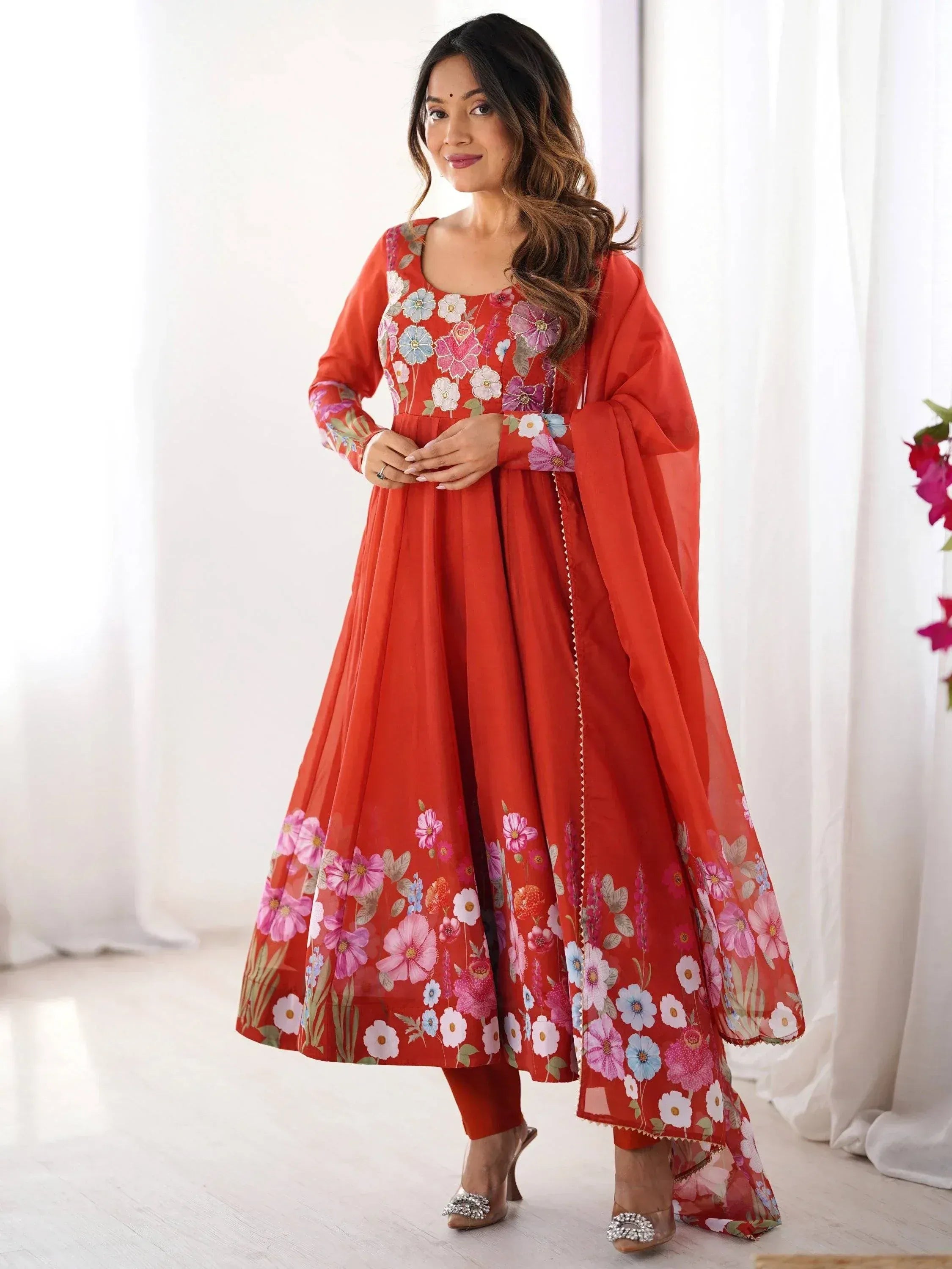 Red floral print anarkali suit with matching dupatta, Indian ethnic wear for women