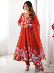 Sweet Orange Floral Printed Organza Festive Wear Anarkali Suit